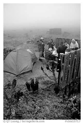 Campers in fog, San Miguel Island. Channel Islands National Park (black and white)