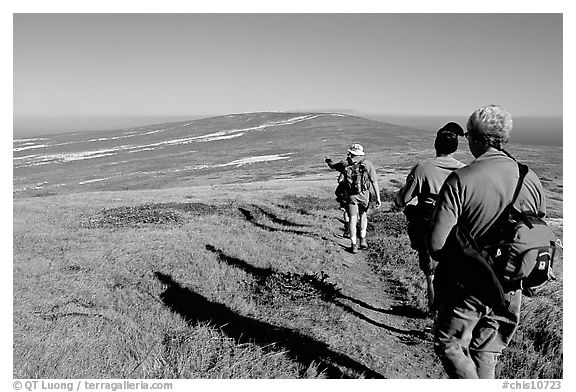 Hikers on  trail to Point Bennett, San Miguel Island. Channel Islands National Park (black and white)