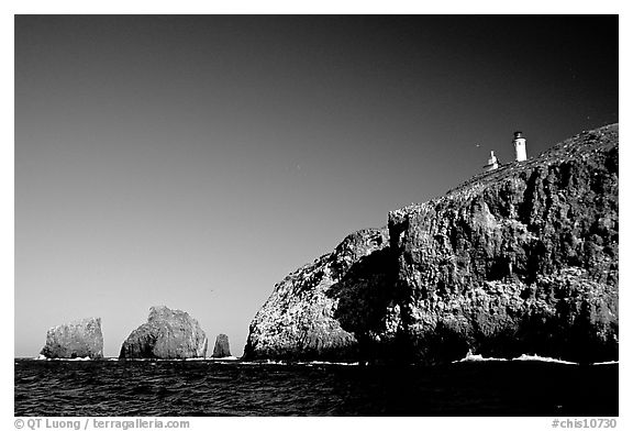 Cliffs and lighthouse, East Anacapa Island. Channel Islands National Park (black and white)