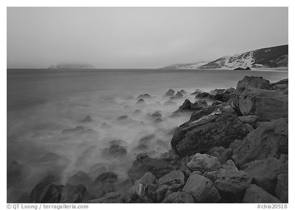 Prince Island and Cuyler Harbor with fog, dusk, San Miguel Island. Channel Islands National Park (black and white)