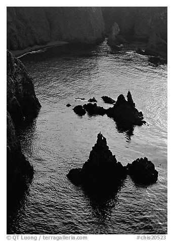 Rocks and ocean, Cathedral Cove, Anacapa, late afternoon. Channel Islands National Park (black and white)