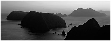 Chain of islands at sunset, Anacapa Island. Channel Islands National Park (Panoramic black and white)