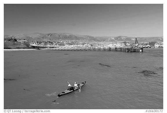 Kayakers in Bechers Bay, Santa Rosa Island. Channel Islands National Park (black and white)