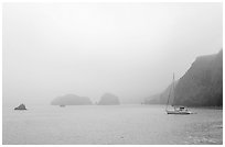 Yacht moored in Scorpion Anchorage in  fog, Santa Cruz Island. Channel Islands National Park, California, USA. (black and white)