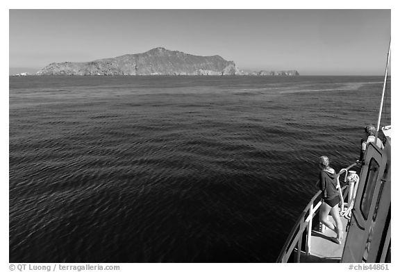 Woman on boat cruising towards Annacapa Island. Channel Islands National Park (black and white)
