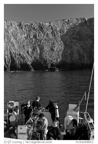 Dive boat and cliffs, Annacapa Island. Channel Islands National Park (black and white)
