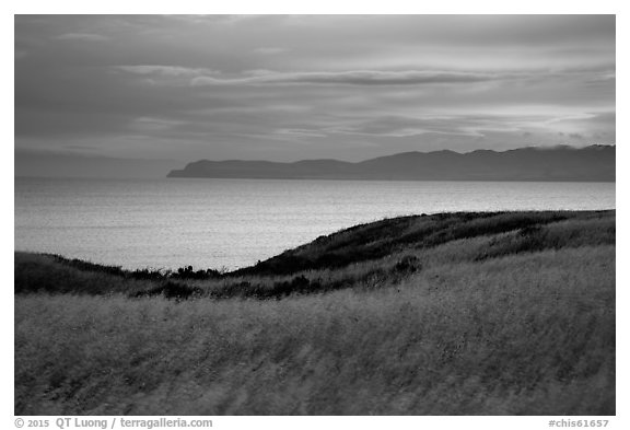 Santa Cruz Channel and Santa Cruz Island at dawn, Santa Rosa Island. Channel Islands National Park (black and white)