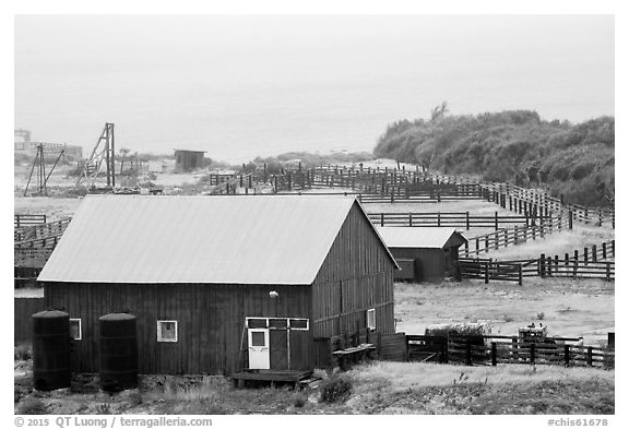 Barns and corrals, Vail and Vickers Ranch, Santa Rosa Island. Channel Islands National Park (black and white)
