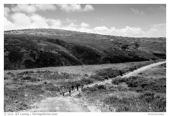 Hikers on road, Santa Rosa Island. Channel Islands National Park (black and white)