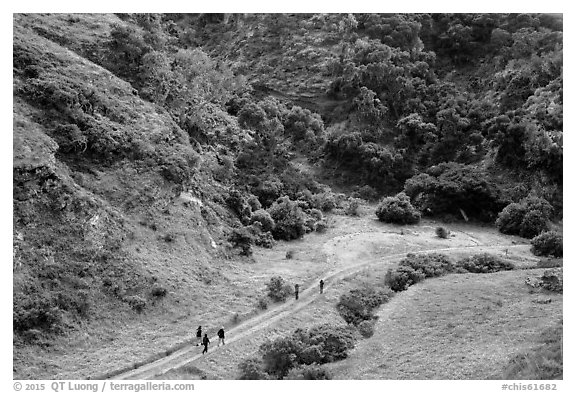 Hikers at Lobo Canyon entrance, Santa Rosa Island. Channel Islands National Park (black and white)