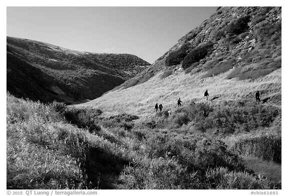 Hikers, Lobo Canyon, Santa Rosa Island. Channel Islands National Park (black and white)