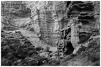 Base of sculpted sandstone cliffs, Lobo Canyon, Santa Rosa Island. Channel Islands National Park ( black and white)