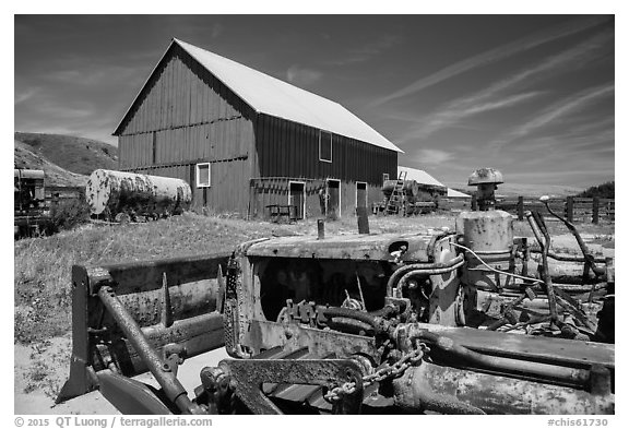 Agricultural machines and barns, Santa Rosa Island. Channel Islands National Park (black and white)
