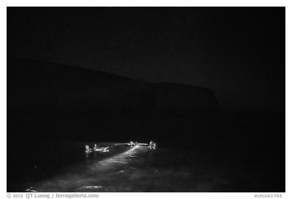 Night divers in water, Santa Barbara Island. Channel Islands National Park (black and white)