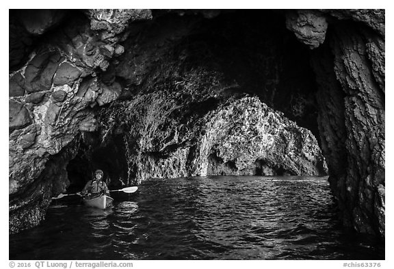 Kayaker in sea cave, Santa Cruz Island. Channel Islands National Park (black and white)