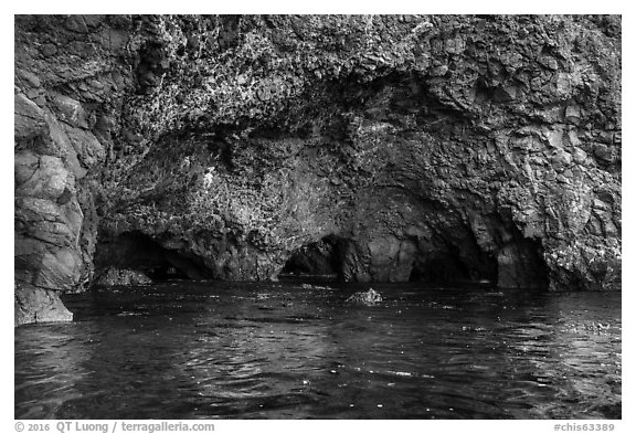 Multiple sea caves entrances, Santa Cruz Island. Channel Islands National Park (black and white)