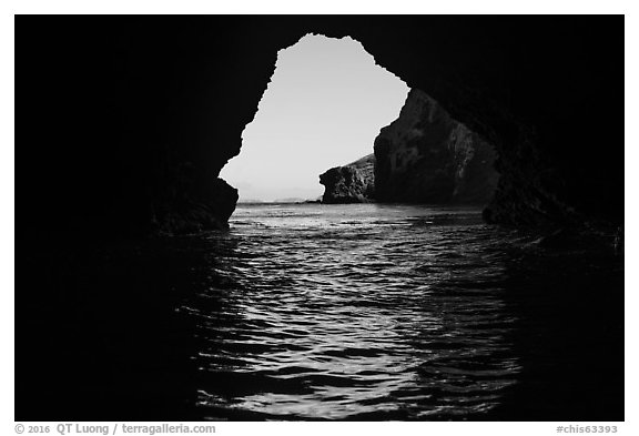 Sea cliffs framed by sea cave, Santa Cruz Island. Channel Islands National Park (black and white)
