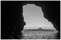 Rock and birds framed by sea cave, Santa Cruz Island. Channel Islands National Park ( black and white)