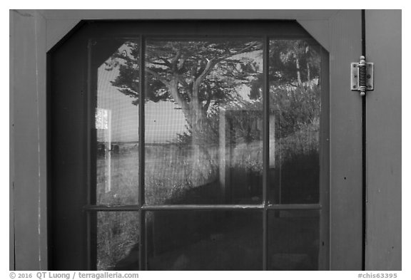 Santa Cruz Island visitor center window reflexion, Santa Cruz Island. Channel Islands National Park (black and white)