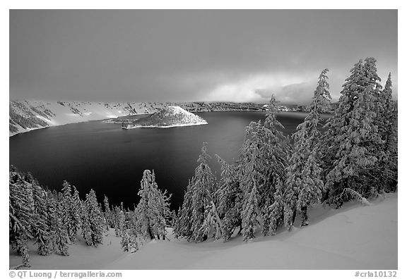 Trees, Lake and Wizard Island, cloudy winter sunrise. Crater Lake National Park, Oregon, USA.