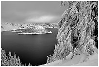 Trees and Wizard Island in winter with clouds and dark waters. Crater Lake National Park, Oregon, USA. (black and white)
