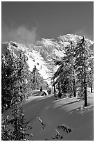 Cabin in winter with trees and mountain. Crater Lake National Park ( black and white)