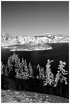 Trees, Wizard Island, and Lake in winter, afternoon. Crater Lake National Park ( black and white)