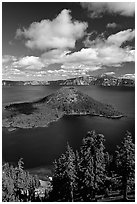 Lake and Wizard Island, afternoon. Crater Lake National Park, Oregon, USA. (black and white)