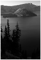 Conifer trees, Lake and Wizard Island. Crater Lake National Park ( black and white)