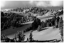 Volcanic hills and pine trees. Crater Lake National Park ( black and white)