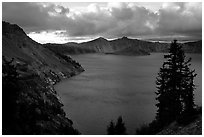 Tree, lake and clouds, Sun Notch. Crater Lake National Park ( black and white)