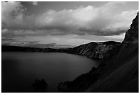 Phantom ship and lake seen from Sun Notch, sunset. Crater Lake National Park ( black and white)