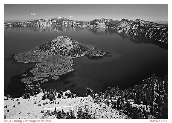 Lake and Wizard Island. Crater Lake National Park (black and white)