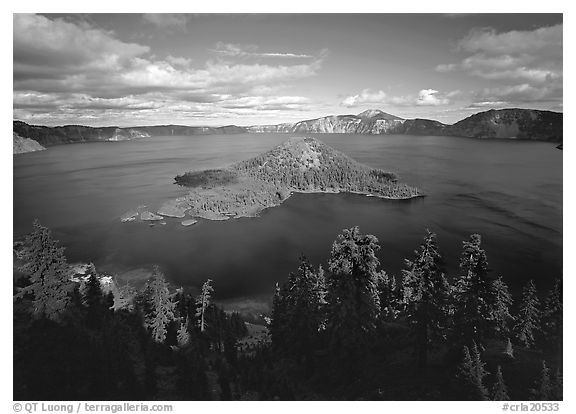 Wide view of lake with Wizard Island, afternoon. Crater Lake National Park (black and white)