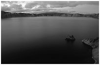 Phantom ship and lake seen from Sun Notch, dusk. Crater Lake National Park ( black and white)