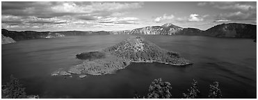 Lake and Wizard Island, afternoon. Crater Lake National Park (Panoramic black and white)