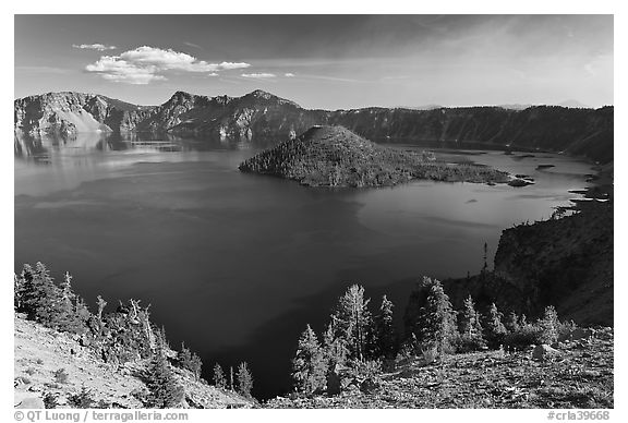 Wizard Island, Mount Scott, and Crater Lake. Crater Lake National Park (black and white)