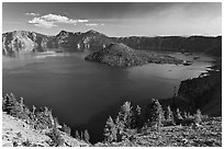 Wizard Island, Mount Scott, and Crater Lake. Crater Lake National Park, Oregon, USA. (black and white)