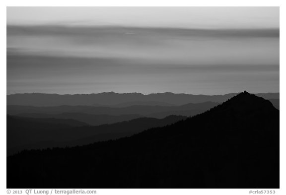 Llao Rock, and mountain ridges at sunset. Crater Lake National Park (black and white)