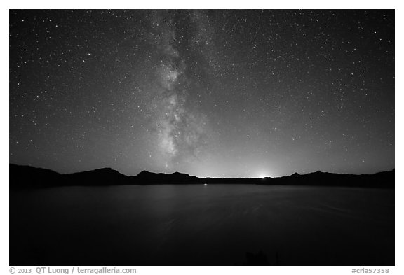 Milky Way and Crater Lake with setting moon. Crater Lake National Park (black and white)