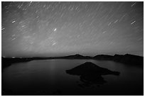 Star trails over Crater Lake and Wizard Island. Crater Lake National Park ( black and white)