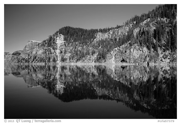 Cliffs reflected in calm waters. Crater Lake National Park (black and white)