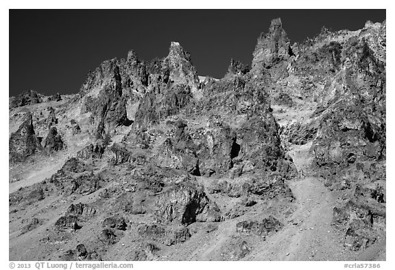 Tall volcanic dikes. Crater Lake National Park (black and white)