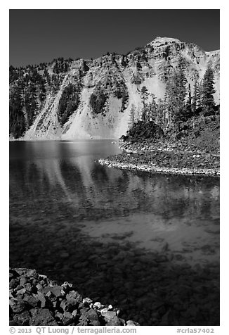 Watchman reflected in Fumarole Bay emerald waters, Wizard Island. Crater Lake National Park (black and white)