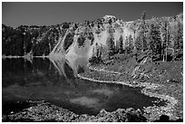 Cove with emerald waters, Fumarole Bay, Wizard Island. Crater Lake National Park ( black and white)