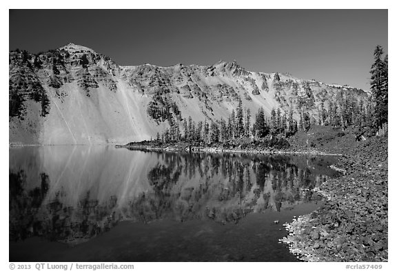 Watchman reflected in Fumarole Bay, Wizard Island. Crater Lake National Park (black and white)