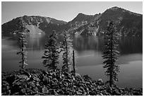 Hardened lava flow, Governors Bay, and Garfield Peak from Wizard Island. Crater Lake National Park ( black and white)