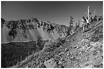 Hikers near Wizard Island summit. Crater Lake National Park ( black and white)