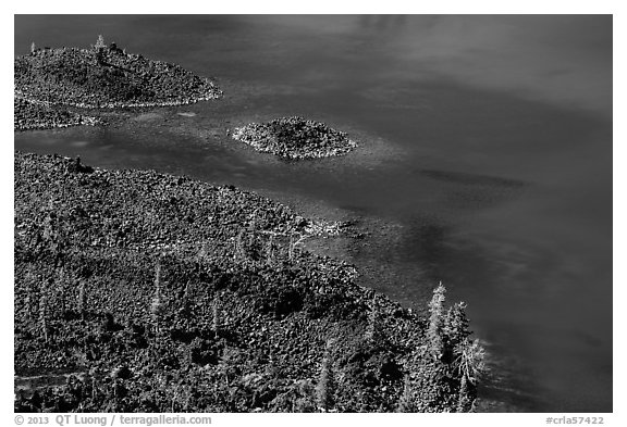 Shoreline of Wizard Island seen from top of cinder cone. Crater Lake National Park (black and white)
