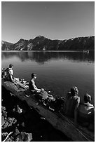 Visitors waiting for boat pick-up, Wizard Island. Crater Lake National Park ( black and white)